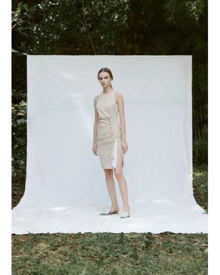 Ruched Midi Dress with Slit 