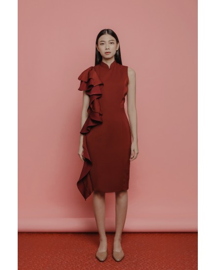 Side Frill Dress with Mandarin Collar
